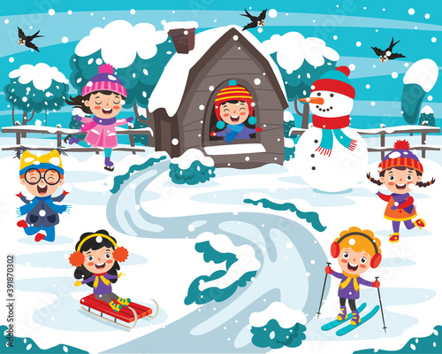 Funny Kids Playing At Winter