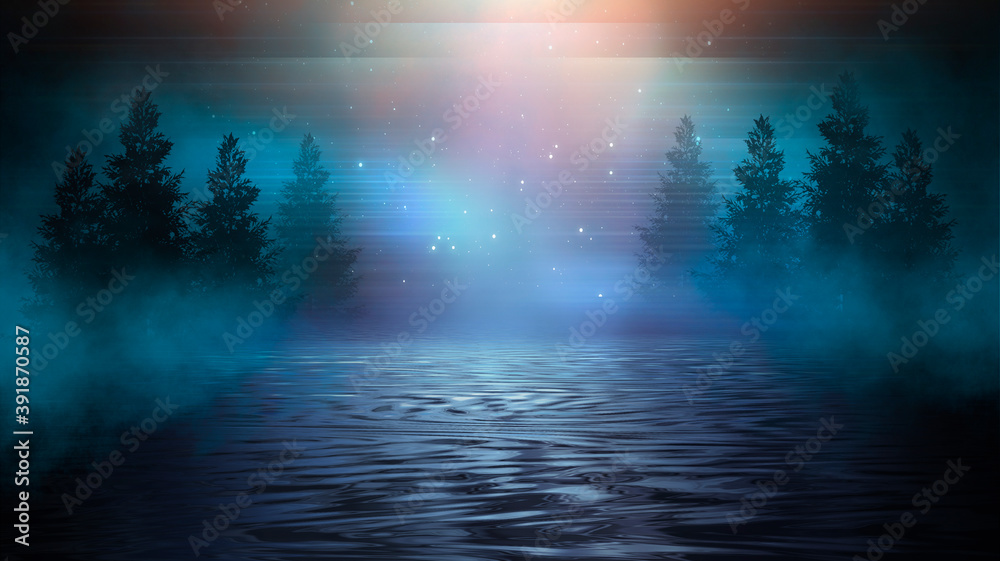 Futuristic night landscape with abstract landscape and island, moonlight, shine. Dark natural scene with reflection of light in the water, neon blue light.  3d illustration