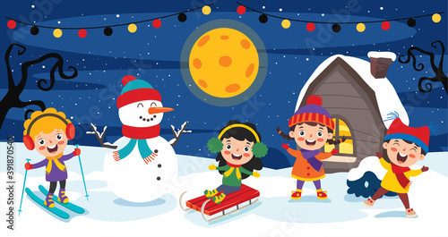 Funny Kids Playing At Winter