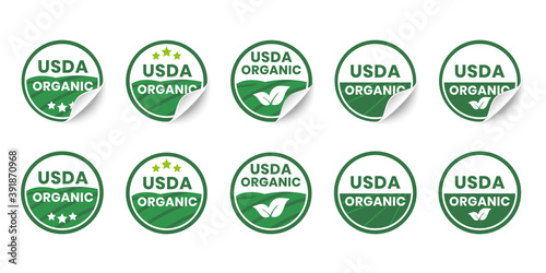 USDA organic certified icons. Set of realistic stickers with rolled up corners. Round organic certification labels with curled edges. Vector illustration photo