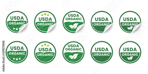 USDA organic certified icons. Set of realistic stickers with rolled up corners. Round organic certification labels with curled edges. Vector illustration
