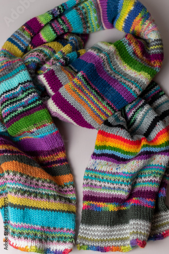 colorful wool scarf made from hand knitting 