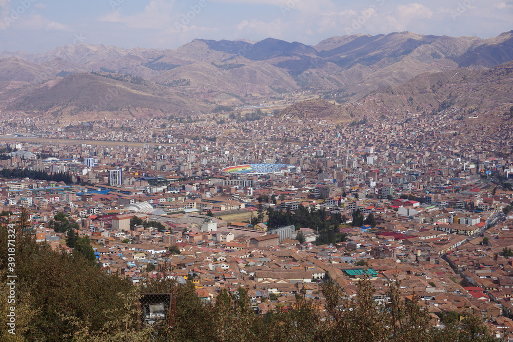 City of Cusco, seen from the sky. Panoramic view.