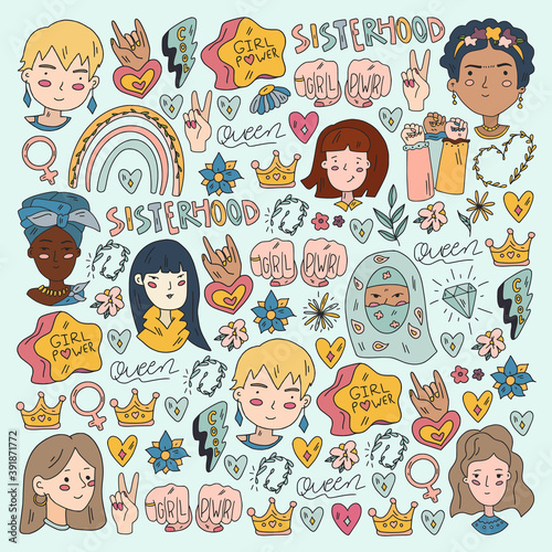 Feminism vector pattern. Fight for women rights. Hand lettering quotes.