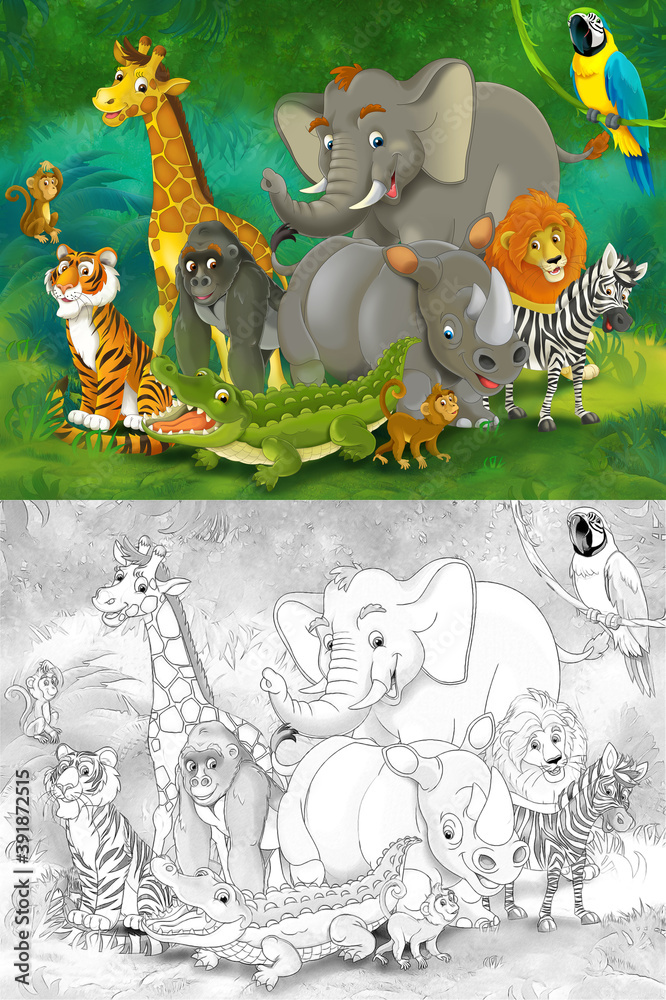 Obraz premium Cartoon zoo scene with sketch in the jungle stage with animals illustration