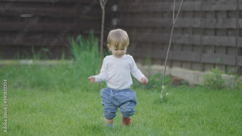 Little baby child stepping in nature, blond hair kid with blue eyes learning to walk Little baby child stepping in nature, blond hair kid with blue eyes learning to walk