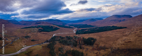 aerial drone shot over Loch Tulla in glen orchy near bridge of orchy in the argyll region of the highlands of scotland during autumn photo