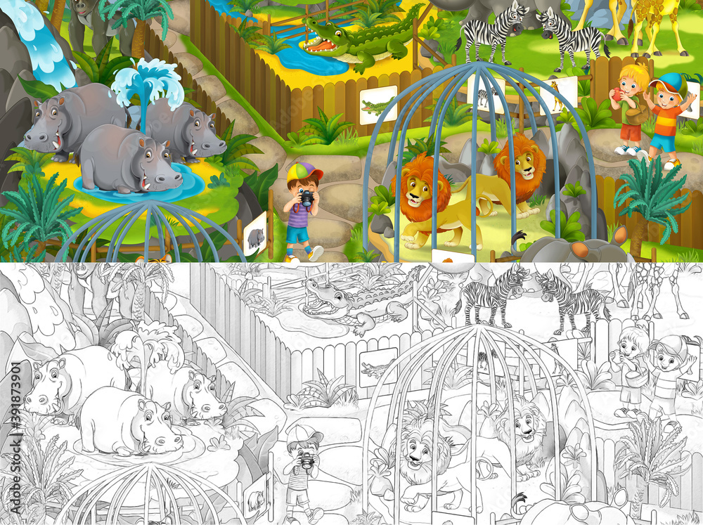 Cartoon zoo scene with sketch amusement park illustration