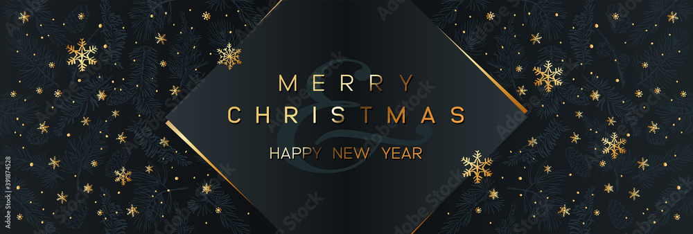Naklejka premium Christmas Poster on black. Vector illustration of Christmas Background with golden snowflakes and geometric decorative elements.