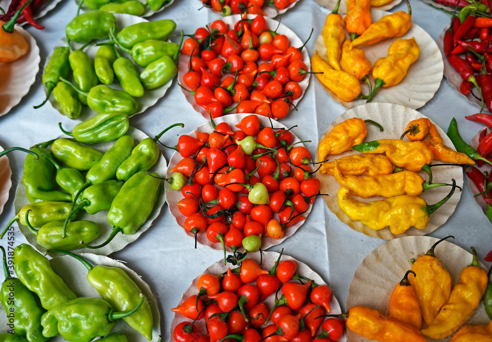 Assortment of chili peppers on marketplace Assortment of chili peppers on marketplace