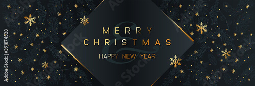 Christmas Poster on black. Vector illustration of Christmas Background with golden snowflakes and geometric decorative elements.
