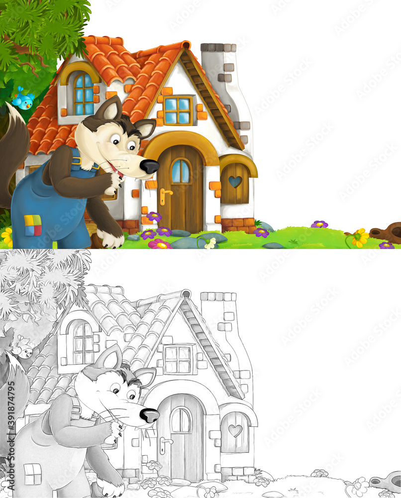 cartoon scene with sketch with wolf near farm ranch house - illustration