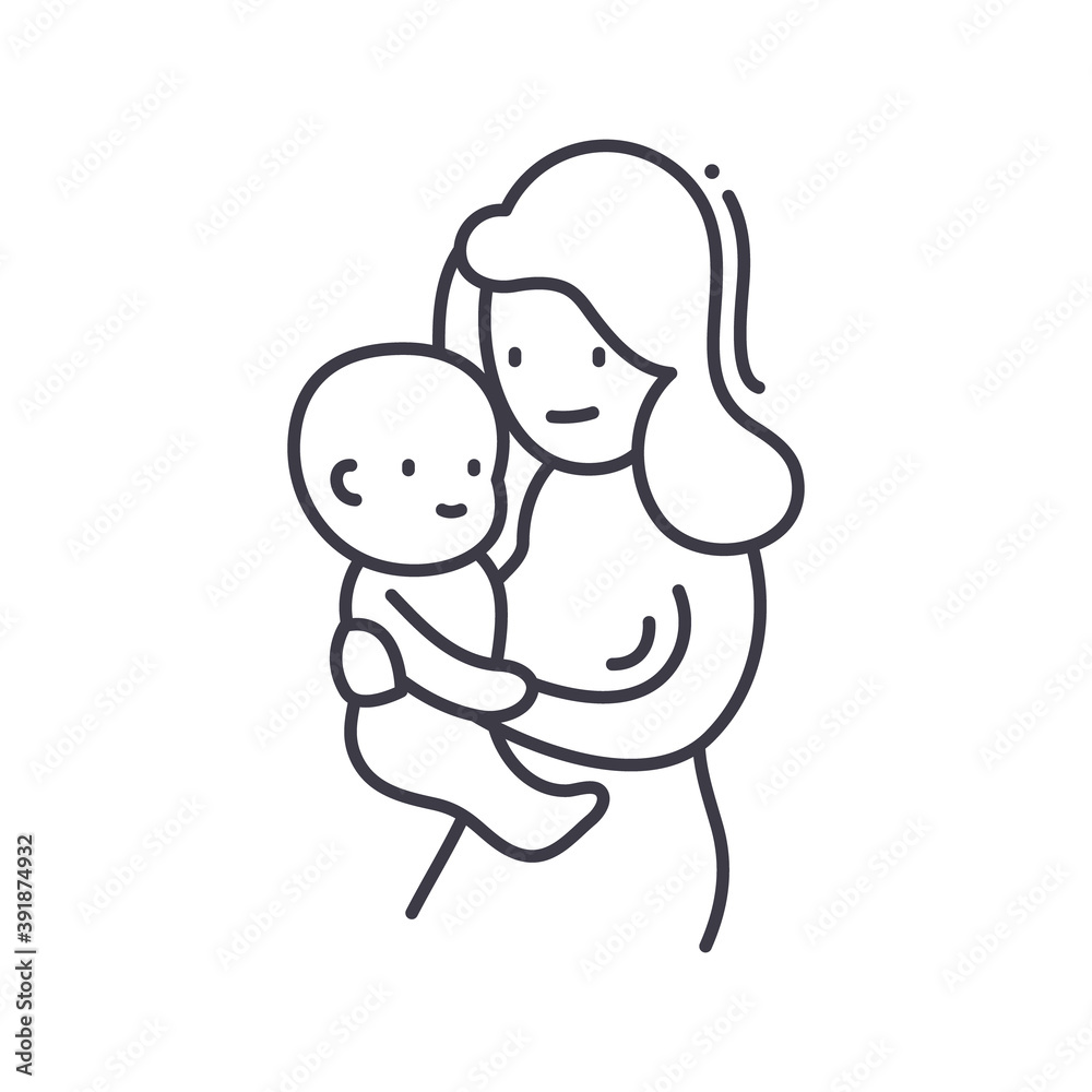 Baby and mom icon, linear isolated illustration, thin line vector, web design sign, outline concept symbol with editable stroke on white background.
