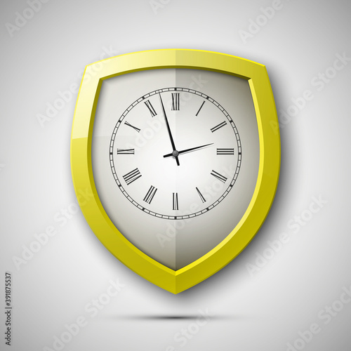 Protected guard shield clock icon . Safety badge watch icon. Privacy colorful banner shield. Security clock label. Defense watch tag. Presentation clock sticker shield. Defense safeguard watch sign