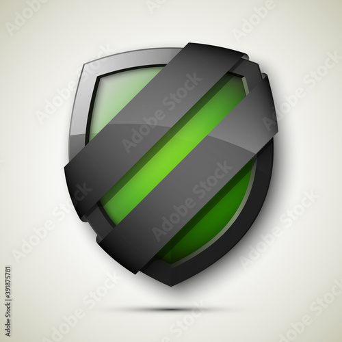 Reliable protection guard shield two strips. Safety badge, protection icon. Privacy colorful banner shield. Security label. Defense tag. Presentation sticker shield. Defense safeguard two strips sign