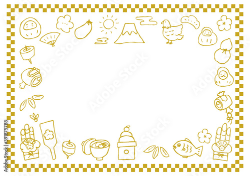 お正月アイテムの手描きイラスト/アイコンのフレーム