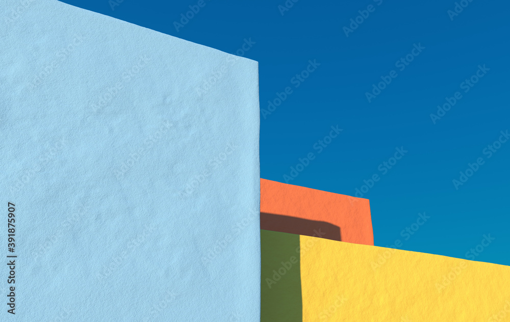 Empty concrete grunge wall. 3d rendering of city house with clear sky background. Detail of house exterior colorful walls. 3d rendering. Empty concrete grunge wall. 3d rendering of city house with clear sky background. Detail of house exterior colorful walls. 3d rendering.