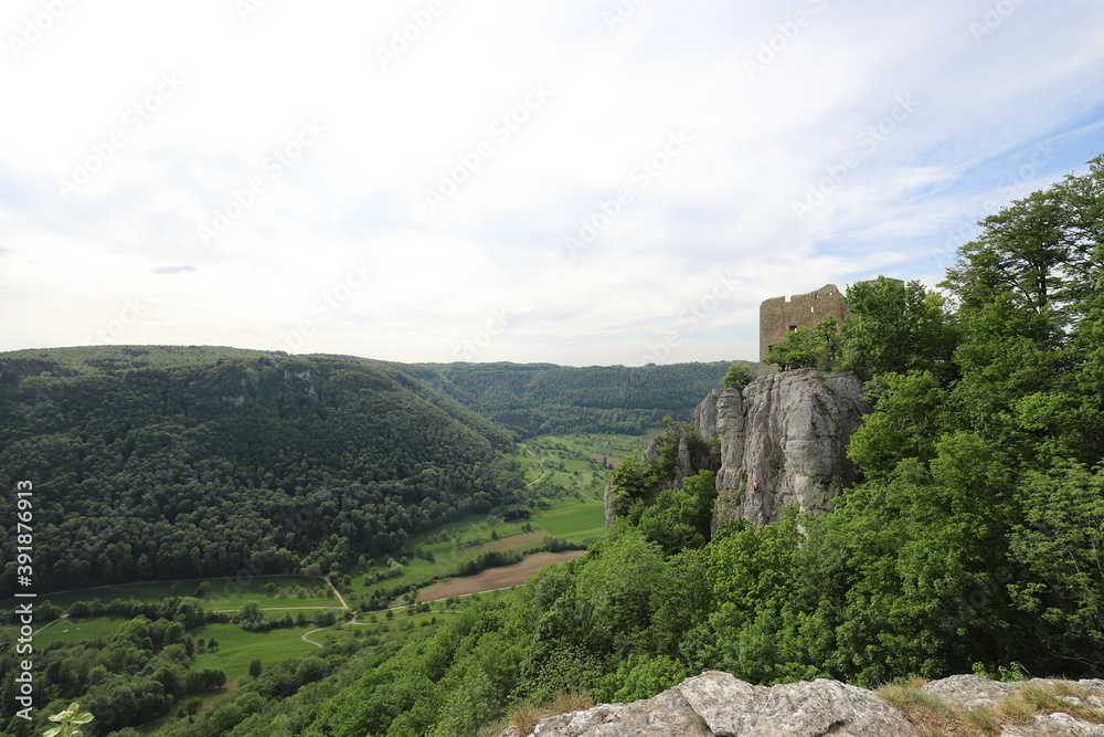 The ruins of Reussenstein Castle in the landscape of the Swabian Jura