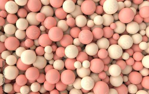 Colorful balls abstract wallpaper and background. Pattern design for trendy poster, flyer, banner, card, cover, brochure. Plastic bubbles, gum, pastel pink spheres. 3d render