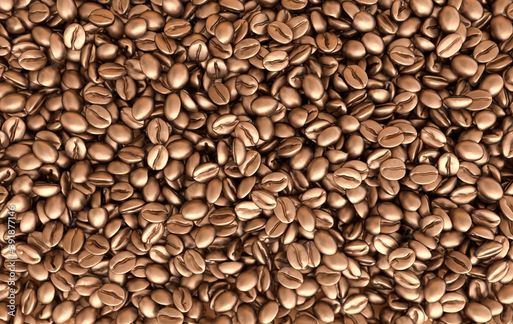 Golden coffee beans 3d rendering background. Masses of coffee beans close up. Top view Golden coffee beans 3d rendering background. Masses of coffee beans close up. Top view