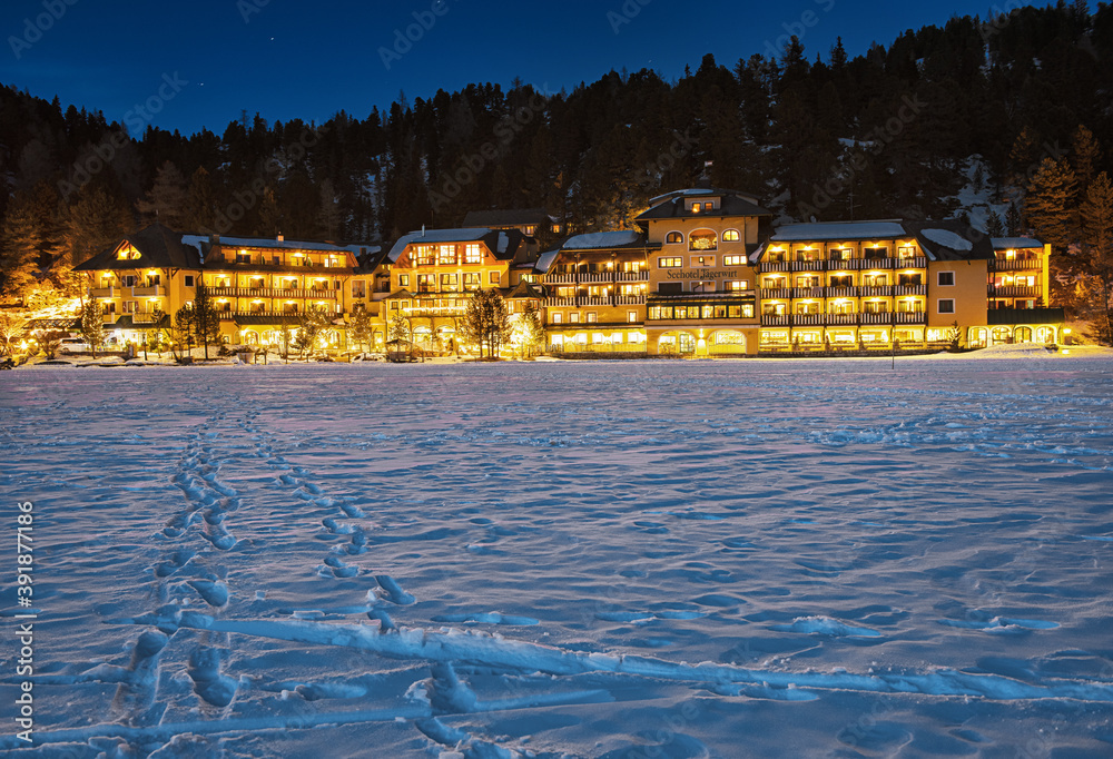 View on the mountains with hotels in Turracher Höhe, Austria in winter