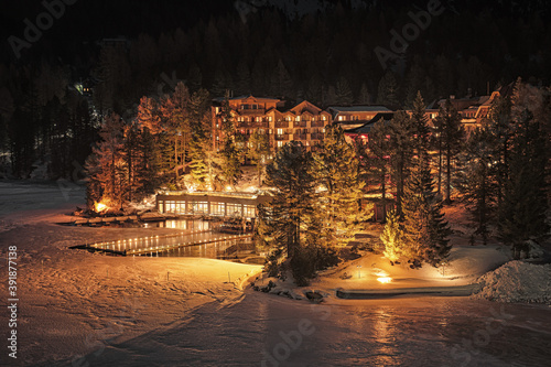 View on the mountains with hotels in Turracher Höhe, Austria in winter