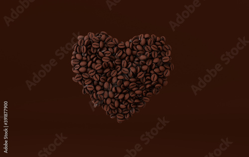 Coffee heart made of realistic coffee beans 3d rendering