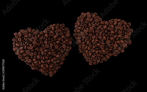 Coffee heart made of realistic coffee beans 3d rendering