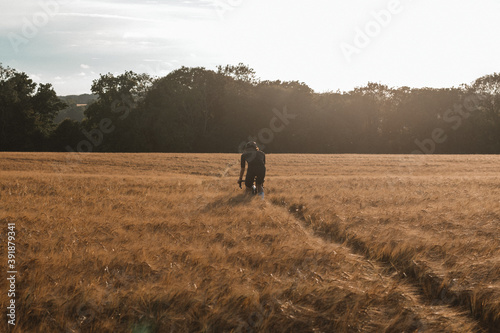 Road cyclist in black kit cycling across wheat field during sunset © Tom Austin Cycling