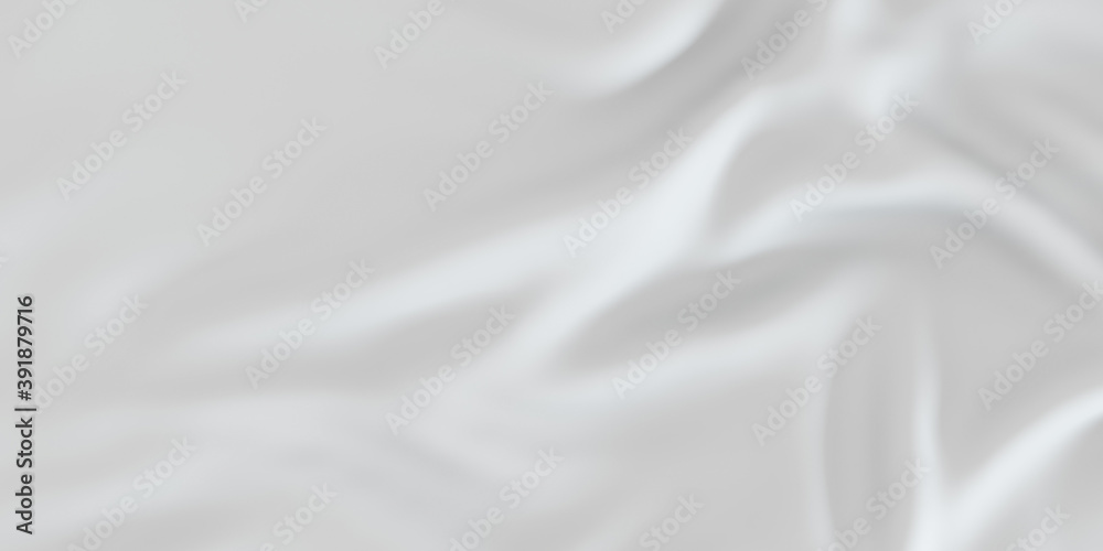 Folds up on fabric. White background with waves. Waves on the bed. White banner with bulges. 3d rendering. Crumpled bed