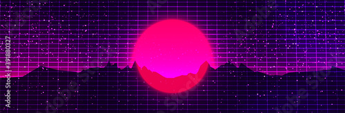Synthwave sunset. Pink sun or planet. Mountains silhouette. 80s retro futuristic grid. Dark sky with stars. Vintage vector background