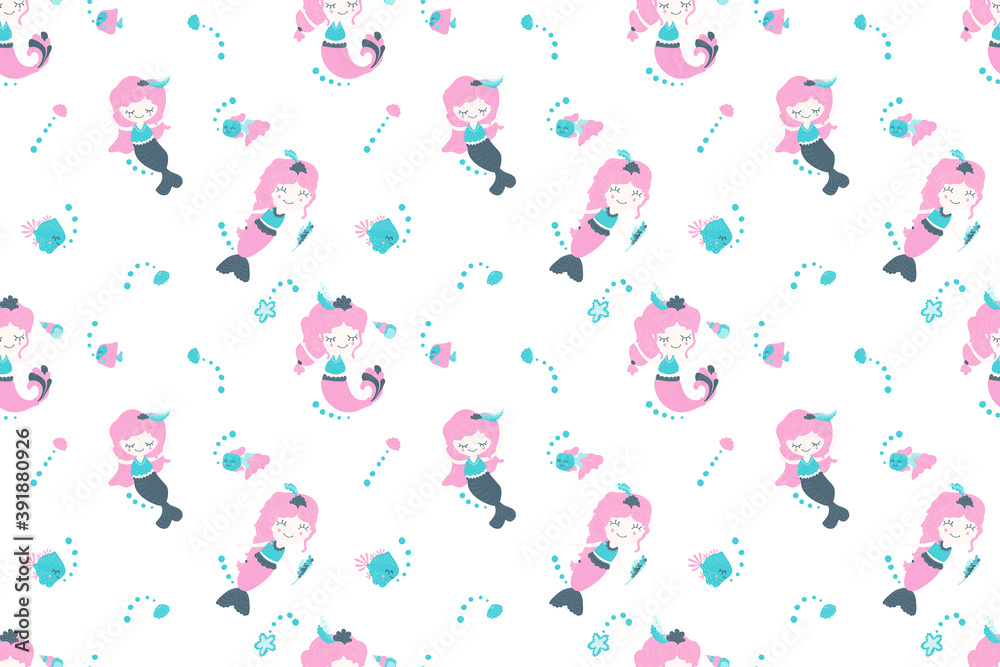 Seamless pattern of cute pretty good girls mermaids with bubbles, seashells and fish. Cartoon endless texture on a white background. For nursery interior and baby shower. Scandinavian style. Vector.