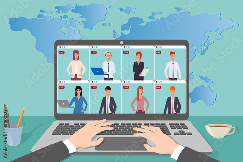Online video conference.The boss holds a meeting with employees.Remote work, freelance,online education using a laptop.Concept of development of modern technologies.Flat vector illustration.