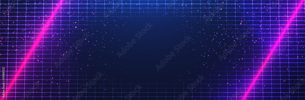 Synthwave grid. 80s pink neon. Retro futuristic background. Dark sky with stars. Empty vector template - obrazy, fototapety, plakaty 