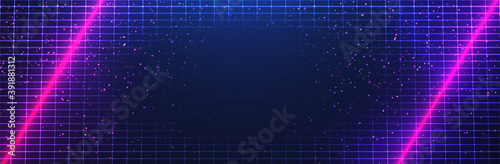 Synthwave grid. 80s pink neon. Retro futuristic background. Dark sky with stars. Empty vector template