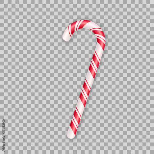 Realistic christmas candy cane isolated on transparent background. Vector illustration of xmas red and white twisted sweet stick. Template for christmas greeting card or invitation design