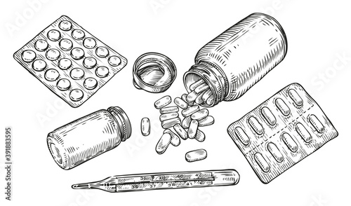 Pills and tablets sketch. Drug, medicine concept vector