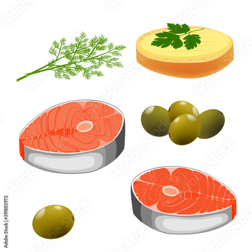A piece of red fish. Cut salmon slice. Salmon steak isolated on white background. Vector illustration of a fish.