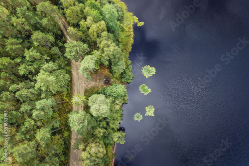 Drone photo of shore of Stoborowe Lake near Wejherowo town, Kashubia regio, part of Poerania Province of Poland