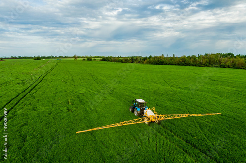 Farm machine sprayer chemicals wheat green field. Modern technology of agriculture aerial view from drone