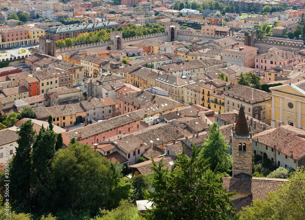 Panoramic view of the old town Soave, Italy, with its medieval walls