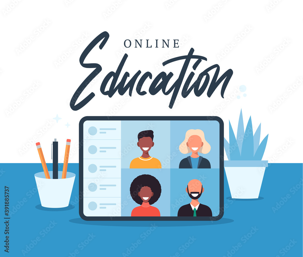 online education, e-learning, online course concept, home school vector illustration. students on laptop computer screen, distance learning, new normal, cartoon vector flat illustration online education, e-learning, online course concept, home school vector illustration. students on laptop computer screen, distance learning, new normal, cartoon vector flat illustration