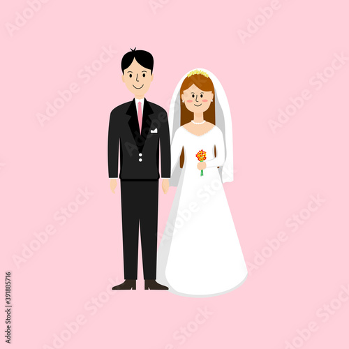 Fototapeta Naklejka Na Ścianę i Meble -  The bride held the groom's hand and held a bouquet of flowers on pink background. Flat design vector.