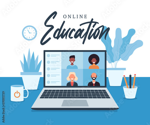 online education, e-learning, online course concept, home school vector illustration. students on laptop computer screen, distance learning, new normal, cartoon vector flat illustration