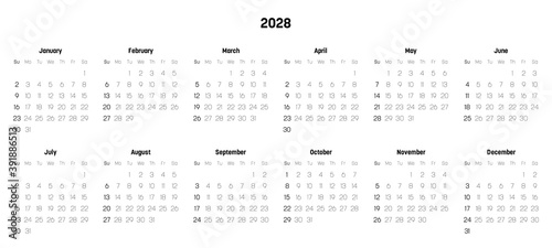 Monthly calendar of year 2028