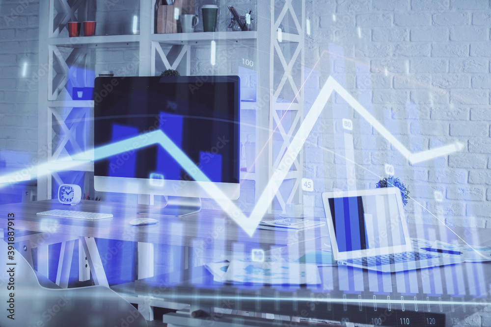 Double exposure of financial graph drawing and office interior background. Concept of stock market. Double exposure of financial graph drawing and office interior background. Concept of stock market.