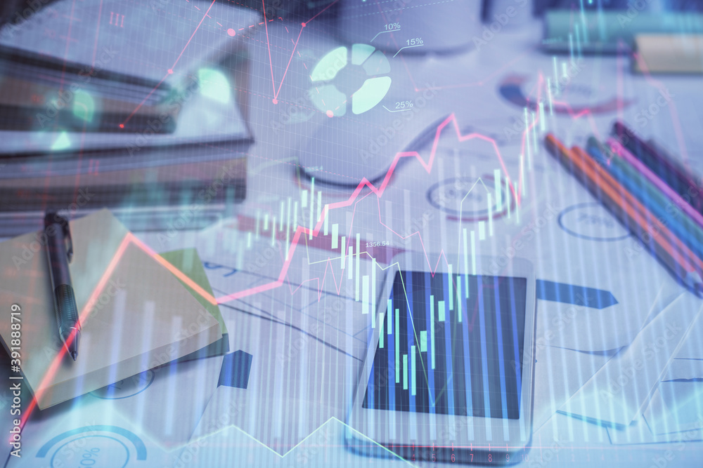 Double exposure of forex chart drawing and cell phone background. Concept of financial data analysis Double exposure of forex chart drawing and cell phone background. Concept of financial data analysis