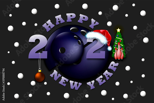 Happy new year 2021 and bowling ball with Christmas ball, skittles and hat. Creative design pattern for greeting card, banner, poster, flyer, party invitation, calendar. Vector illustration