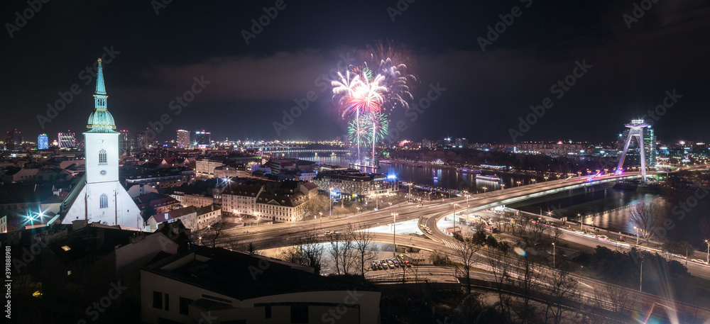 New Year Celebration. Fireworks on Danube River in Bratislava, Slovakia.