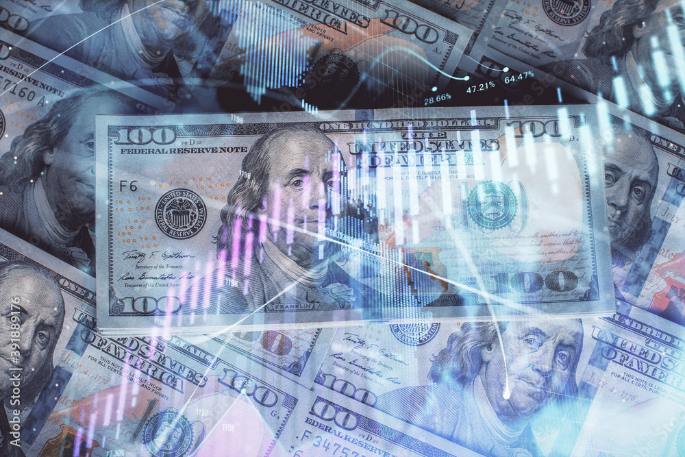 Fototapeta premium Multi exposure of forex chart drawing over us dollars bill background. Concept of financial success markets.